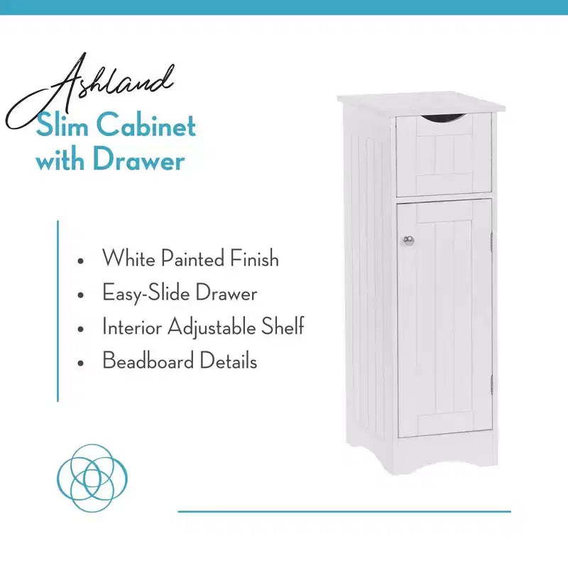 Narrow Bathroom Storage Cabinet with Drawer & Adjustable Shelf, White, 32"H