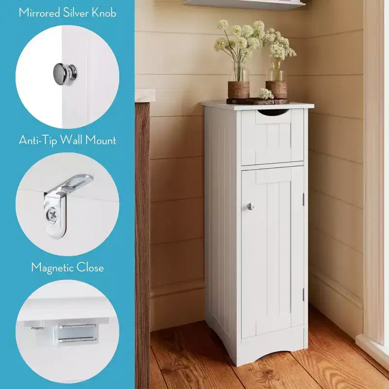 Narrow Bathroom Storage Cabinet with Drawer & Adjustable Shelf, White, 32"H