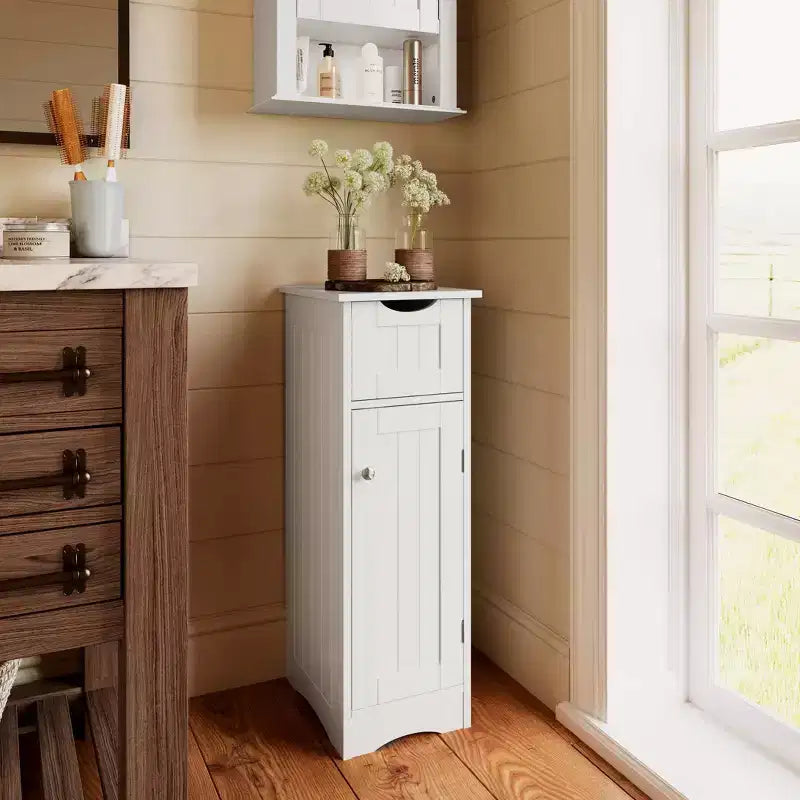 Narrow Bathroom Storage Cabinet with Drawer & Adjustable Shelf, White, 32"H