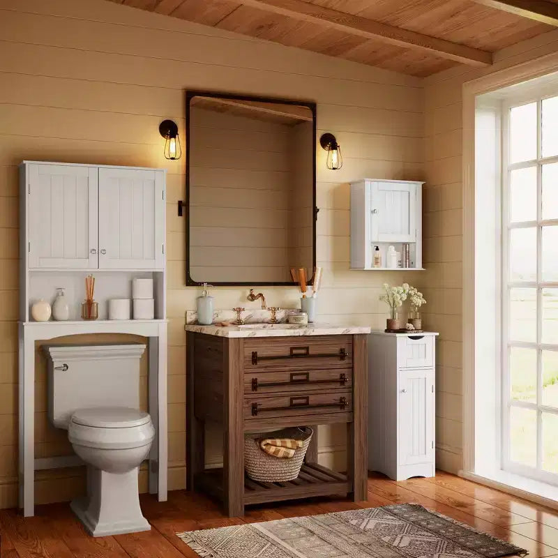 Narrow Bathroom Storage Cabinet with Drawer & Adjustable Shelf, White, 32"H