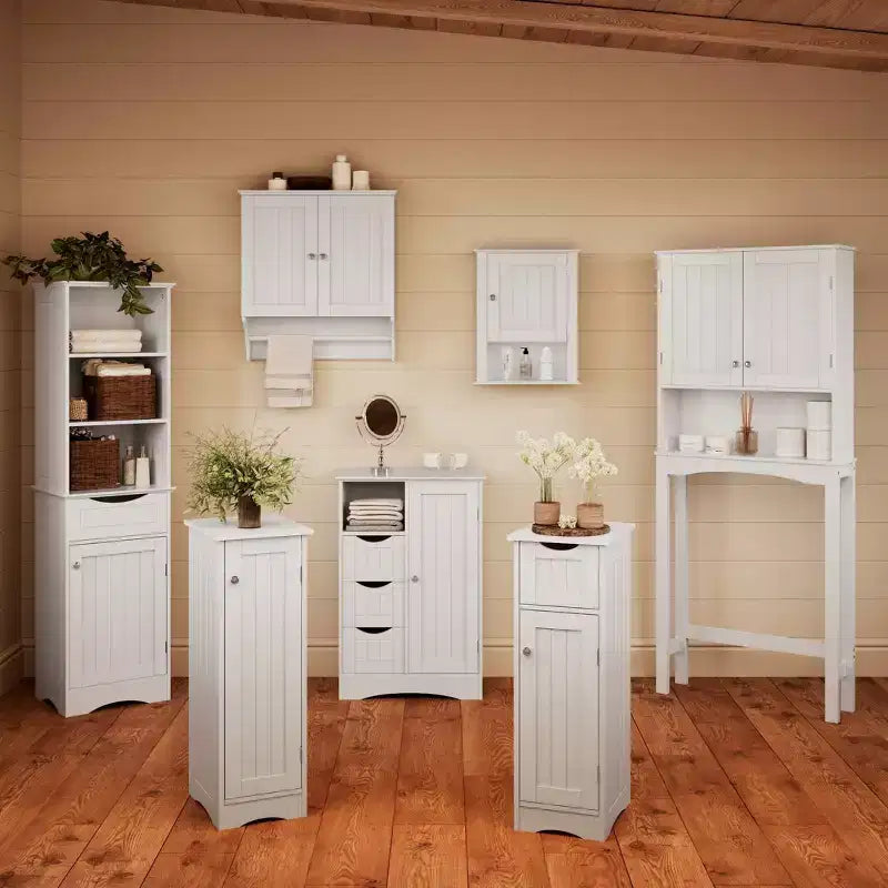 Narrow Bathroom Storage Cabinet with Drawer & Adjustable Shelf, White, 32"H