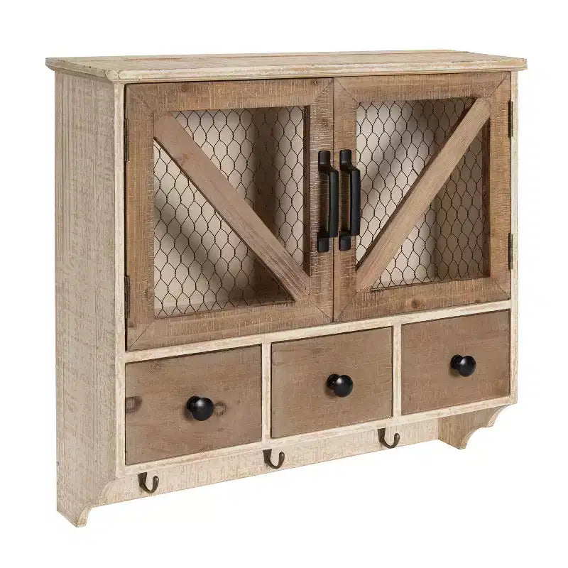 Mobiletto da Parete Rustico in Legno con Ante in Rete di Pollaio, Finitura Decapata, Completamente Assemblato