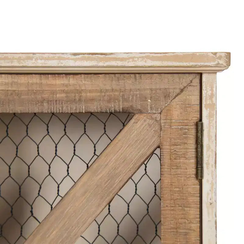 Mobiletto da Parete Rustico in Legno con Ante in Rete di Pollaio, Finitura Decapata, Completamente Assemblato