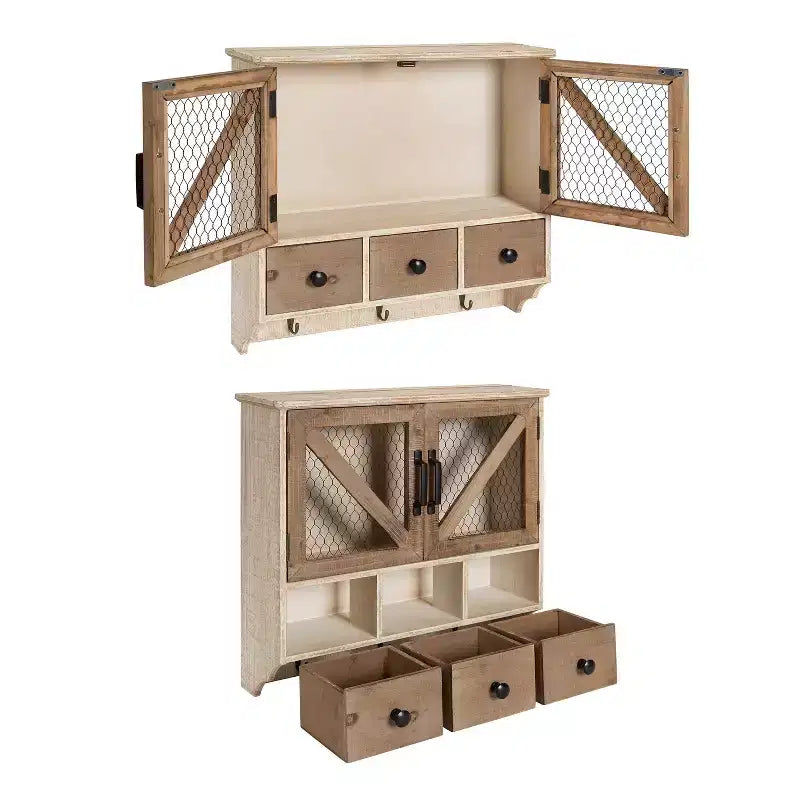 Mobiletto da Parete Rustico in Legno con Ante in Rete di Pollaio, Finitura Decapata, Completamente Assemblato