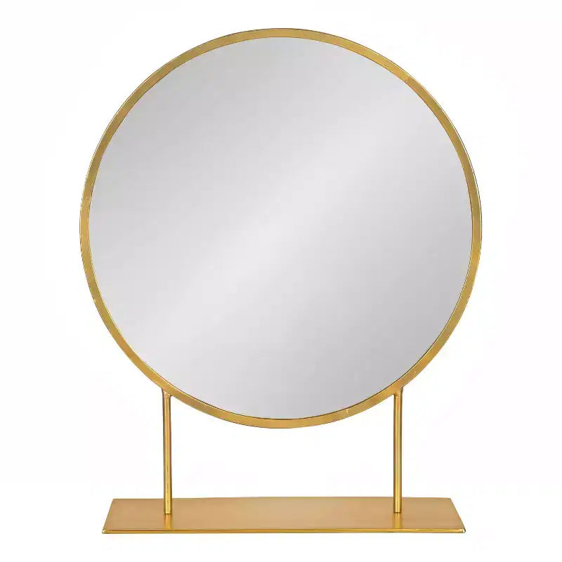 Specchio da tavolo rotondo autoportante, cornice in metallo dorato, diametro 45 cm, decorazione moderna
