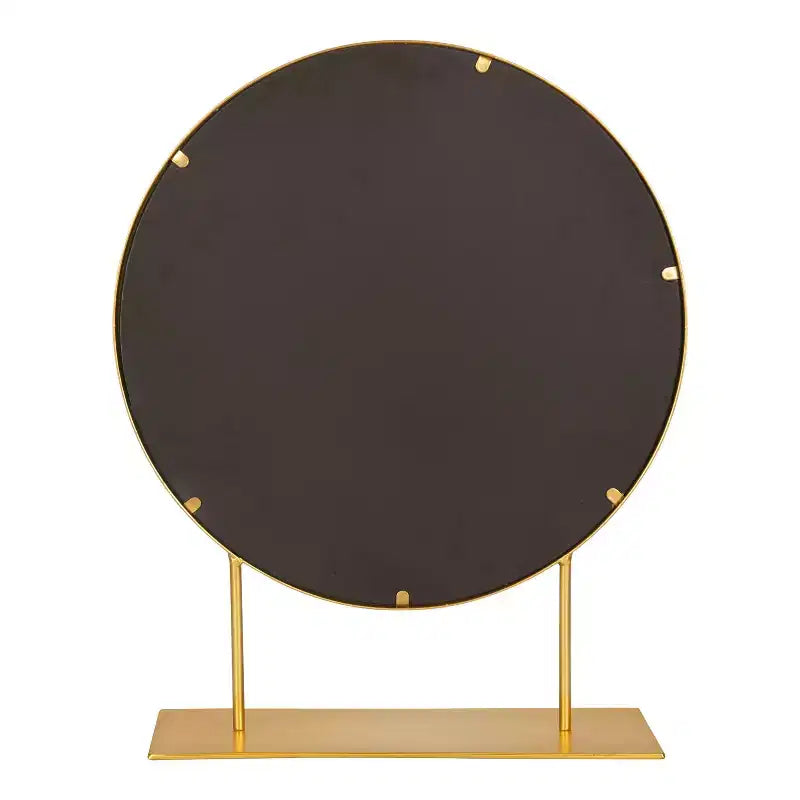 Specchio da tavolo rotondo autoportante, cornice in metallo dorato, diametro 45 cm, decorazione moderna