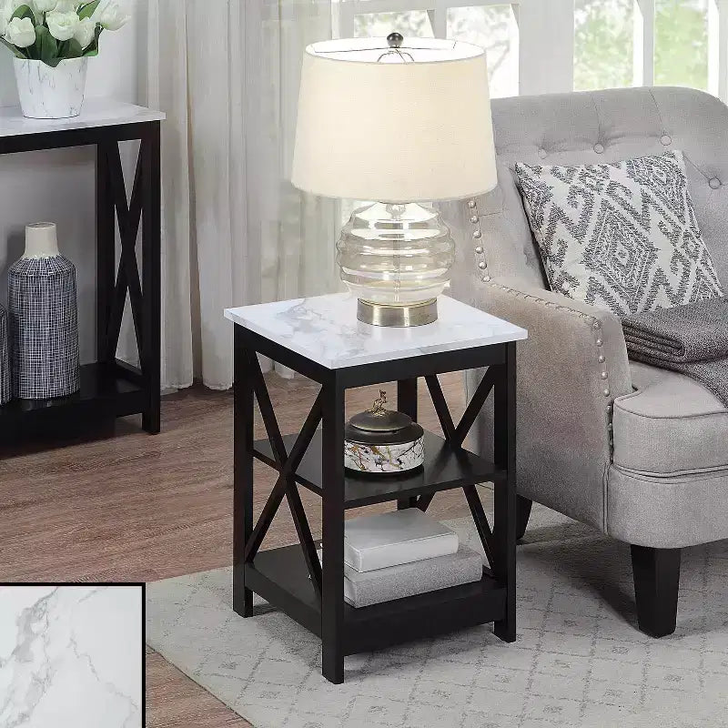 HomeStock Belmont End Table with Three Open Shelves and X Frame Panels, Transitional Storage Side Table for Coastal or Farmhouse Style Dcor