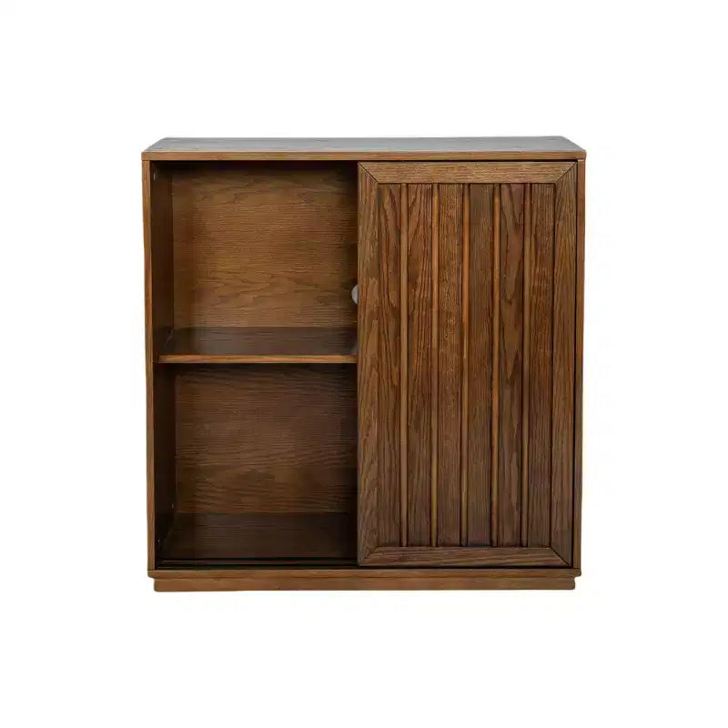 Credenza Mid-Century Modern con 2 Ante Scorrevoli e Listelli in Legno Massello, Mobile Contenitore