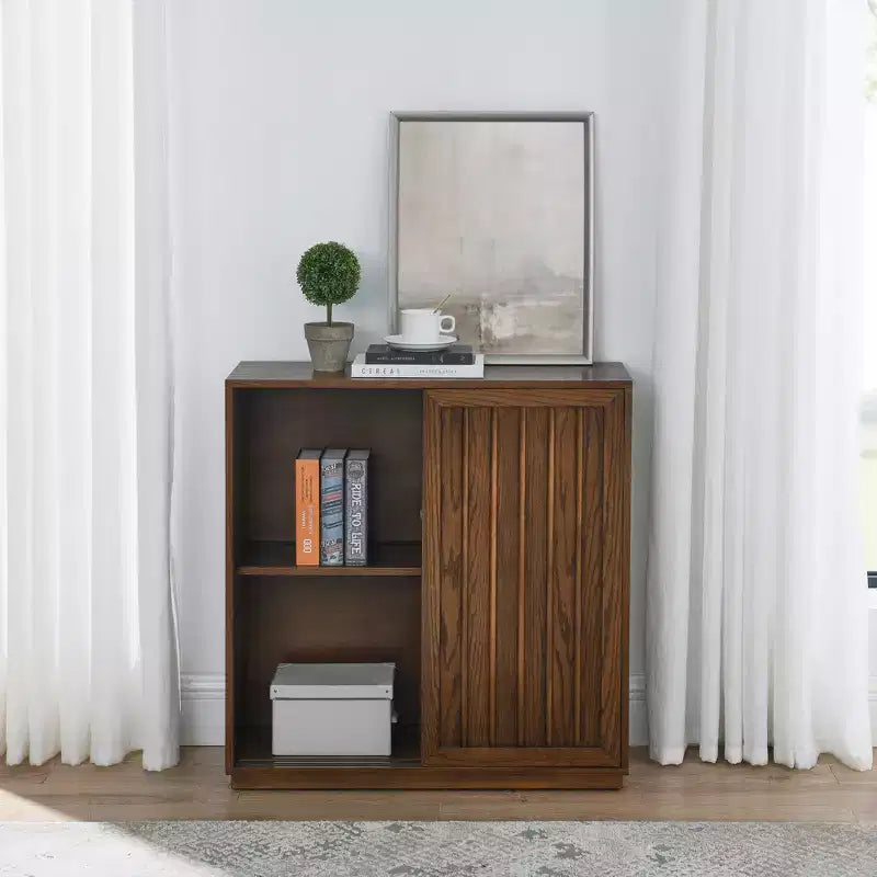 Mid-Century Modern Sideboard with 2 Sliding Doors & Solid Wood Strips, Storage Cabinet