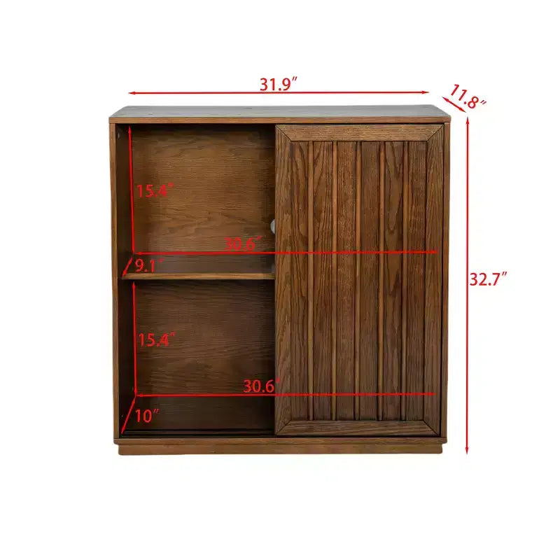 Credenza Mid-Century Modern con 2 Ante Scorrevoli e Listelli in Legno Massello, Mobile Contenitore
