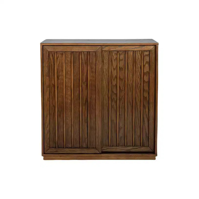 Credenza Mid-Century Modern con 2 Ante Scorrevoli e Listelli in Legno Massello, Mobile Contenitore