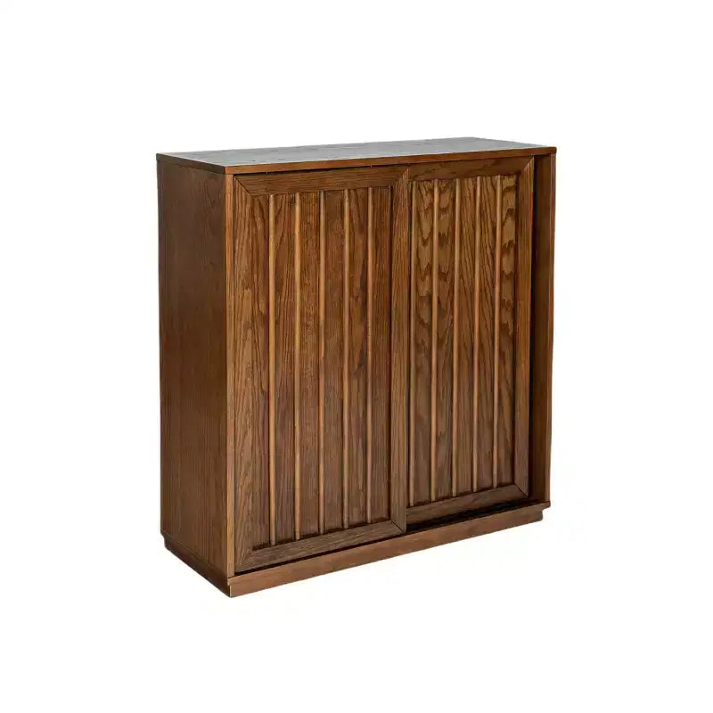 Credenza Mid-Century Modern con 2 Ante Scorrevoli e Listelli in Legno Massello, Mobile Contenitore