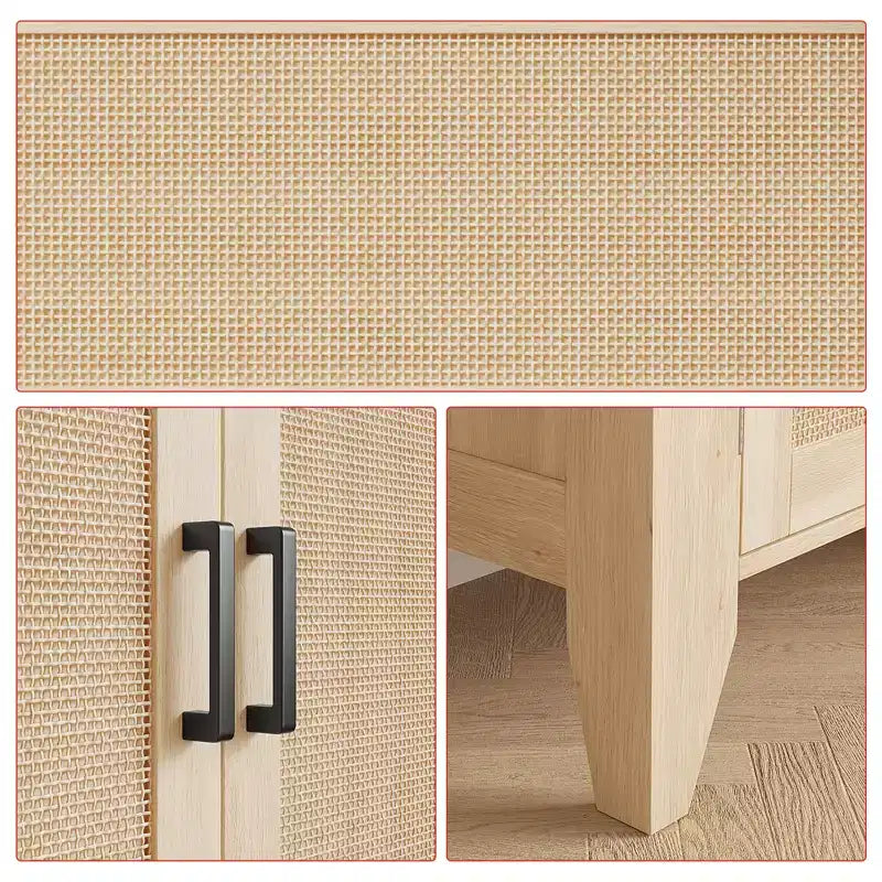 Rattan Sideboard Buffet Cabinet with Doors & Shelves, Natural Oak, 30"