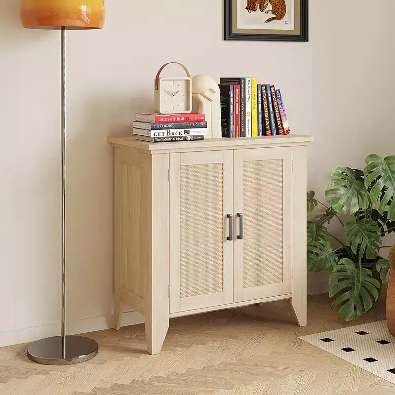 Rattan Sideboard Buffet Cabinet with Doors & Shelves, Natural Oak, 30"