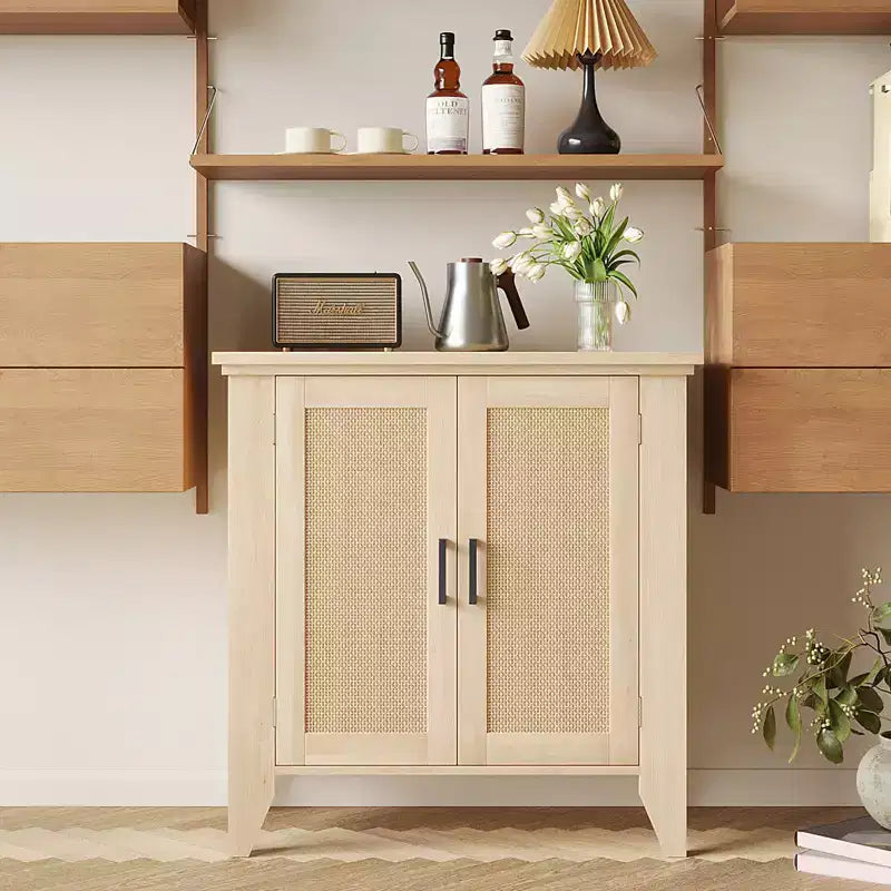 Rattan Sideboard Buffet Cabinet with Doors & Shelves, Natural Oak, 30"