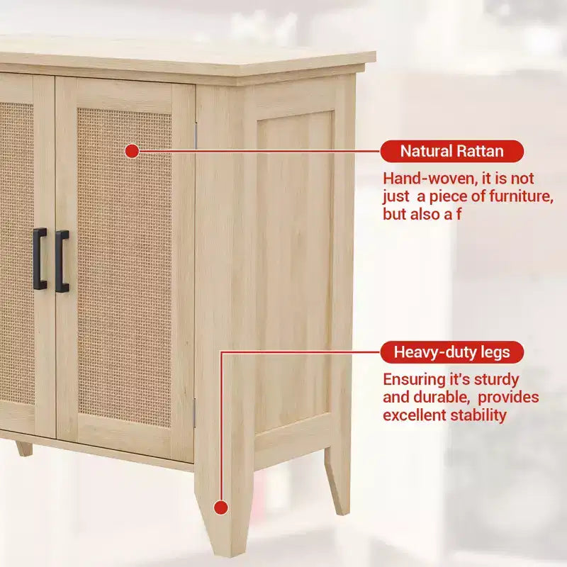 Rattan Sideboard Buffet Cabinet with Doors & Shelves, Natural Oak, 30"