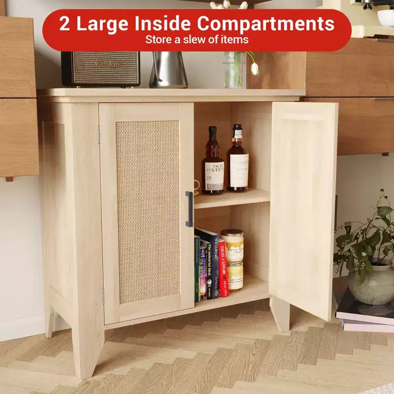 Rattan Sideboard Buffet Cabinet with Doors & Shelves, Natural Oak, 30"