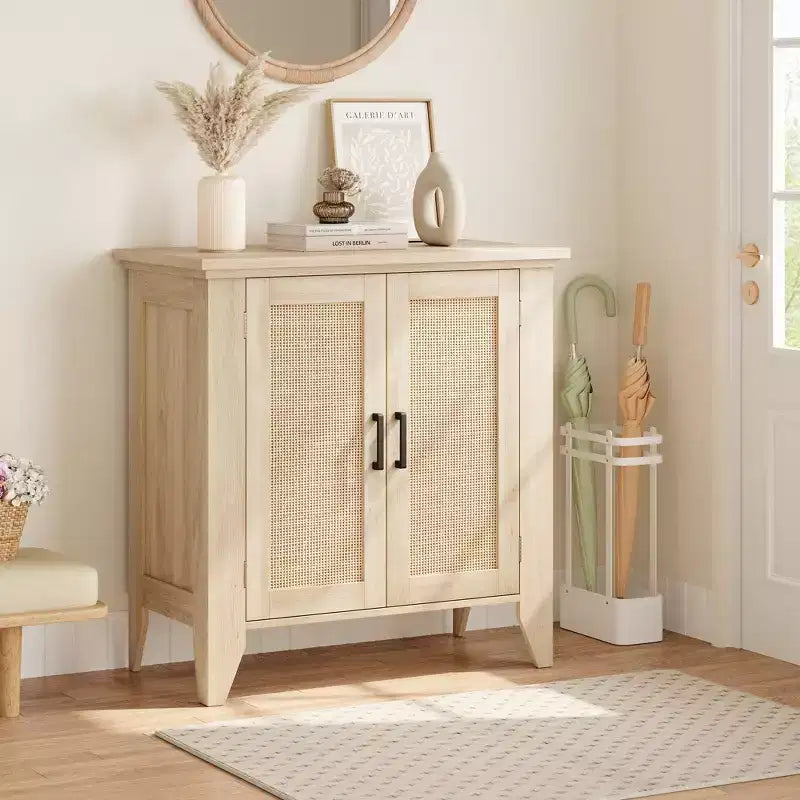 Rattan Sideboard Buffet Cabinet with Doors & Shelves, Natural Oak, 30"