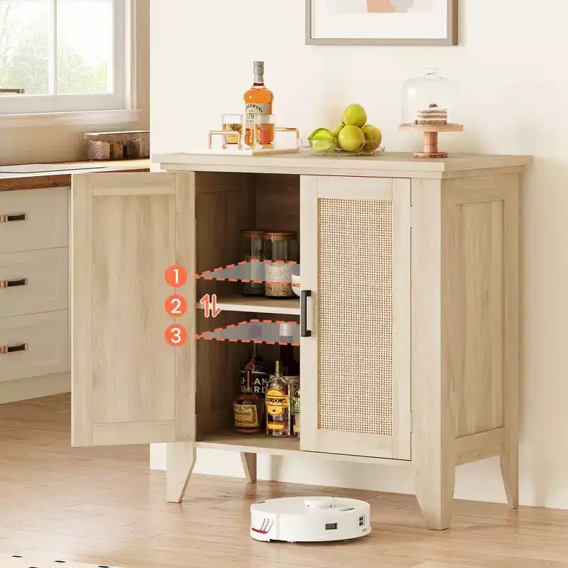 Rattan Sideboard Buffet Cabinet with Doors & Shelves, Natural Oak, 30"