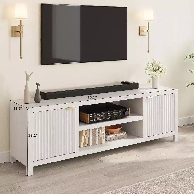 White Fluted TV Console 70", Modern Media Stand with Gold Handles & Storage