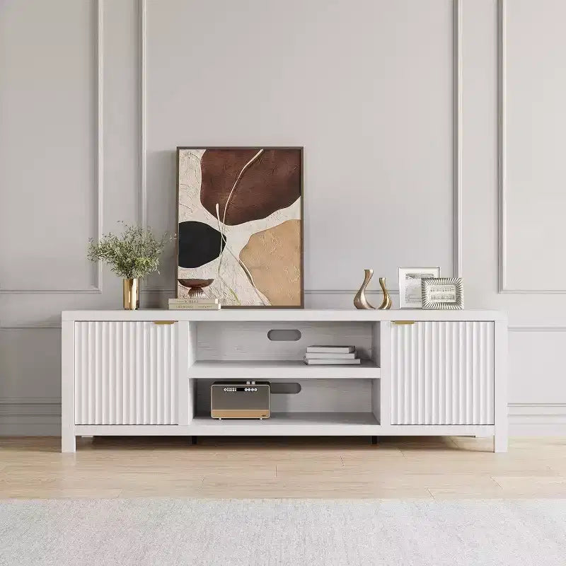 White Fluted TV Console 70", Modern Media Stand with Gold Handles & Storage