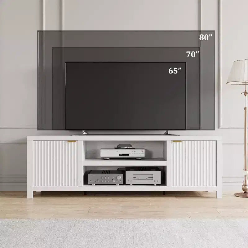 White Fluted TV Console 70", Modern Media Stand with Gold Handles & Storage