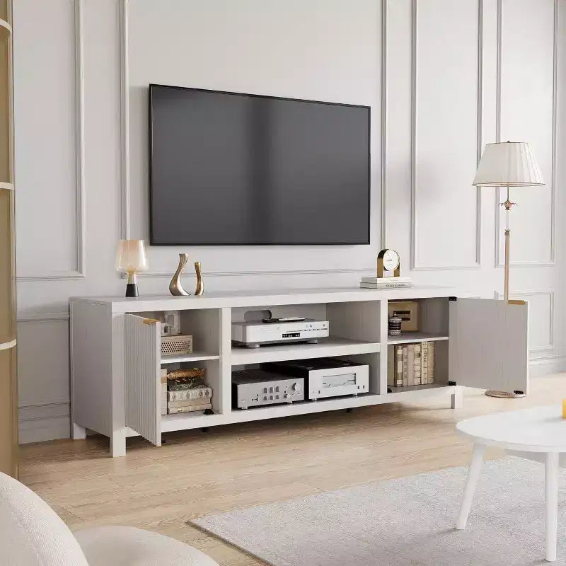 White Fluted TV Console 70", Modern Media Stand with Gold Handles & Storage