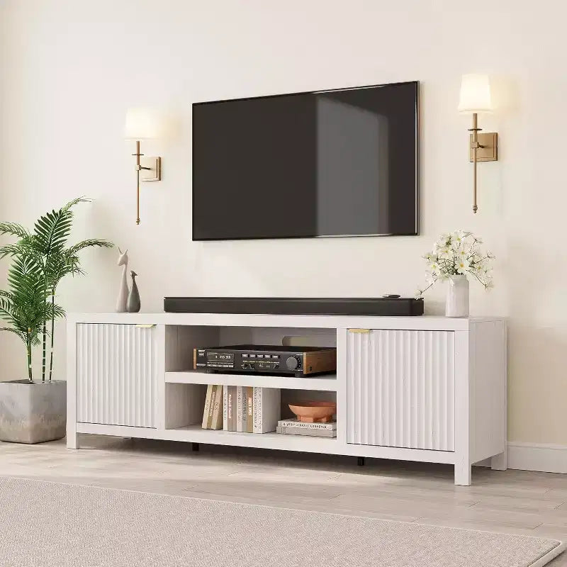 White Fluted TV Console 70", Modern Media Stand with Gold Handles & Storage