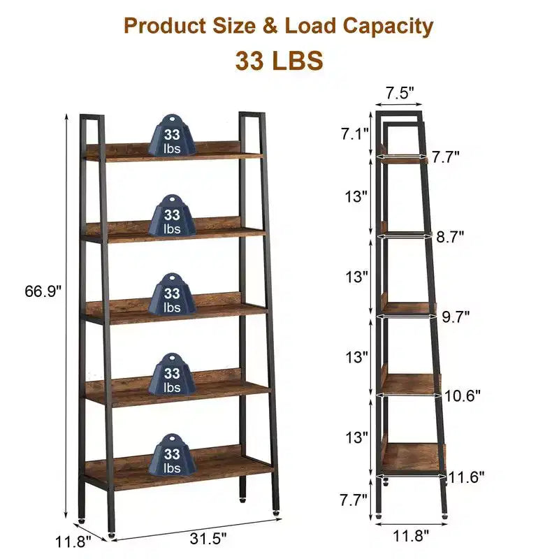 5-Tier Narrow Bookcase 67", Industrial Metal Frame, Open Shelves for Home Office