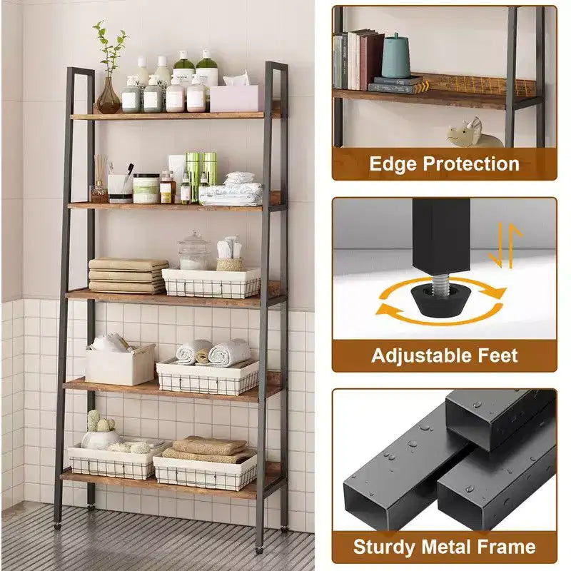 5-Tier Narrow Bookcase 67", Industrial Metal Frame, Open Shelves for Home Office