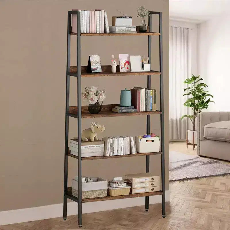 5-Tier Narrow Bookcase 67", Industrial Metal Frame, Open Shelves for Home Office