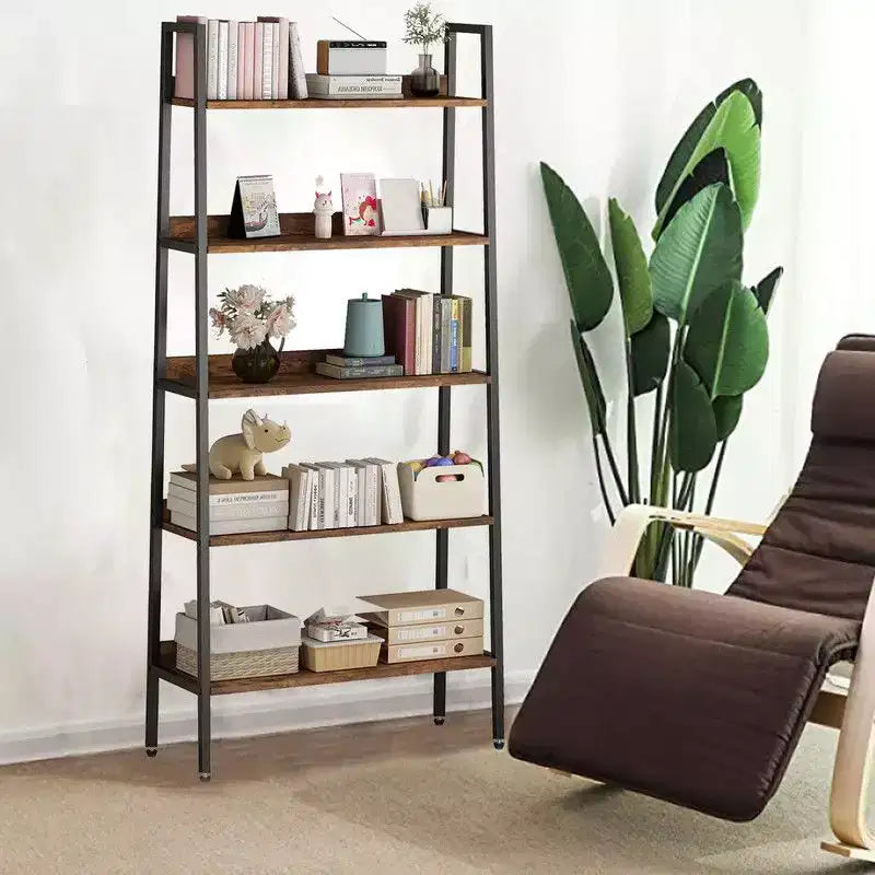 5-Tier Narrow Bookcase 67", Industrial Metal Frame, Open Shelves for Home Office
