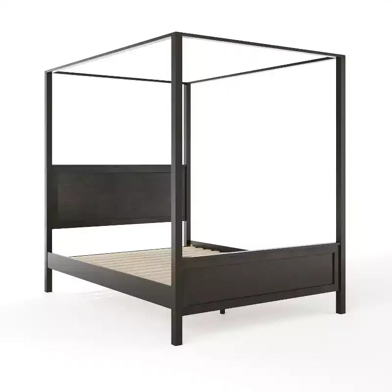 Queen Size Solid Wood Canopy Platform Bed, Dark Gray, No Box Spring Needed
