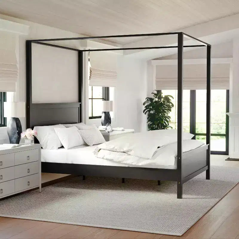 Letto a baldacchino a piattaforma Queen Size in legno massello, grigio scuro, nessuna rete necessaria
