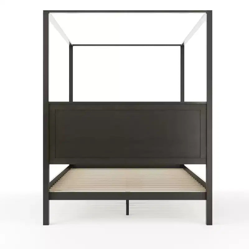 Letto a baldacchino a piattaforma Queen Size in legno massello, grigio scuro, nessuna rete necessaria