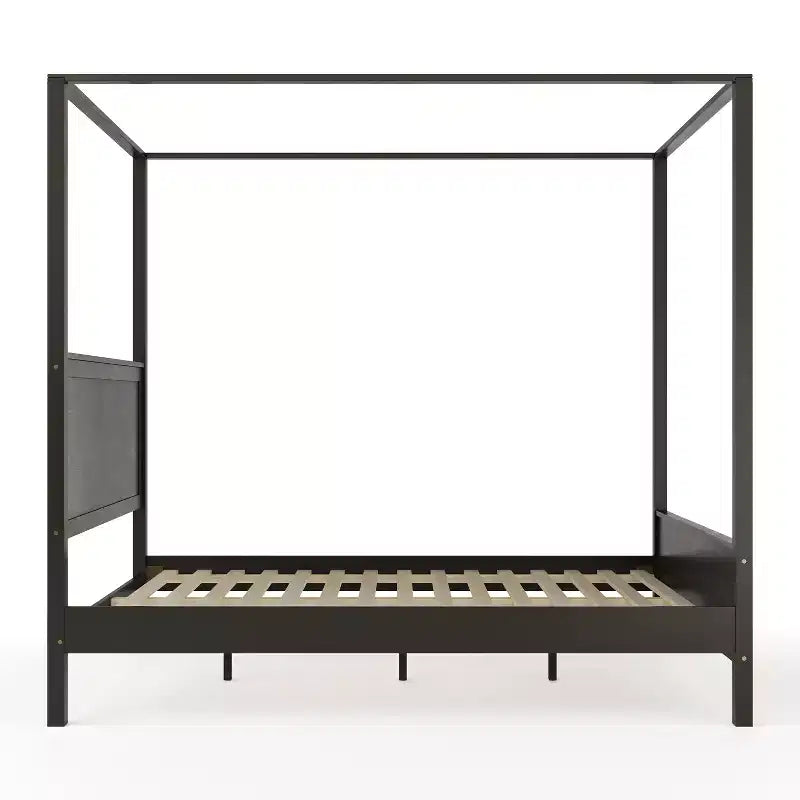 Letto a baldacchino a piattaforma Queen Size in legno massello, grigio scuro, nessuna rete necessaria