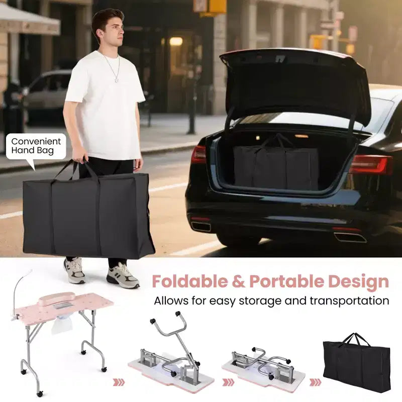 Tavolo Pieghevole per Manicure con Aspiratore Elettrico per Polvere, Lampada LED e Borsa per il Trasporto, Rosa