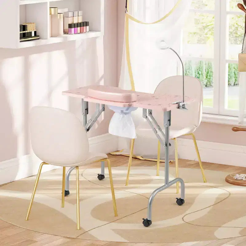 Tavolo Pieghevole per Manicure con Aspiratore Elettrico per Polvere, Lampada LED e Borsa per il Trasporto, Rosa