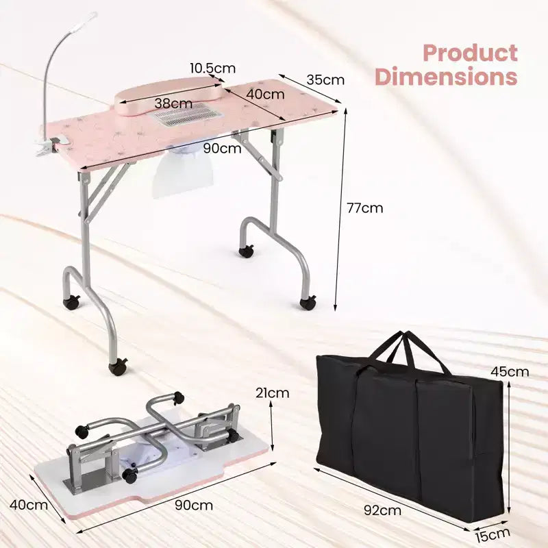 Folding Manicure Nail Table with Electric Dust Collector, LED Lamp & Carry Bag, Pink