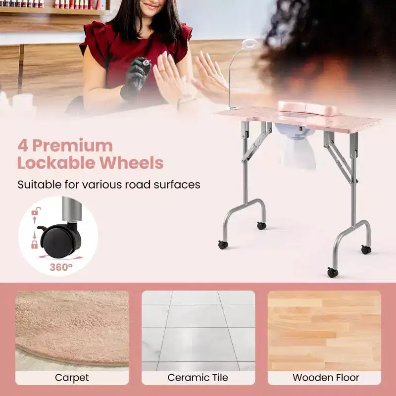 Tavolo Pieghevole per Manicure con Aspiratore Elettrico per Polvere, Lampada LED e Borsa per il Trasporto, Rosa