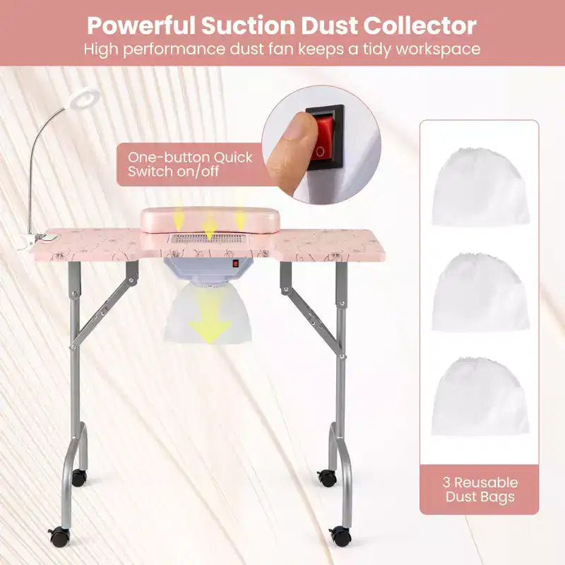 Tavolo Pieghevole per Manicure con Aspiratore Elettrico per Polvere, Lampada LED e Borsa per il Trasporto, Rosa