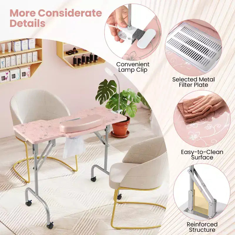 Tavolo Pieghevole per Manicure con Aspiratore Elettrico per Polvere, Lampada LED e Borsa per il Trasporto, Rosa