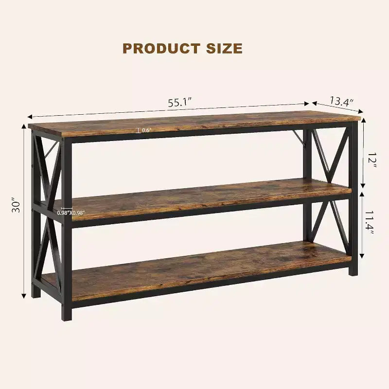 Industrial Console Table with 3 Open Shelves, 55"L, Rustic Brown, Entryway & Hallway