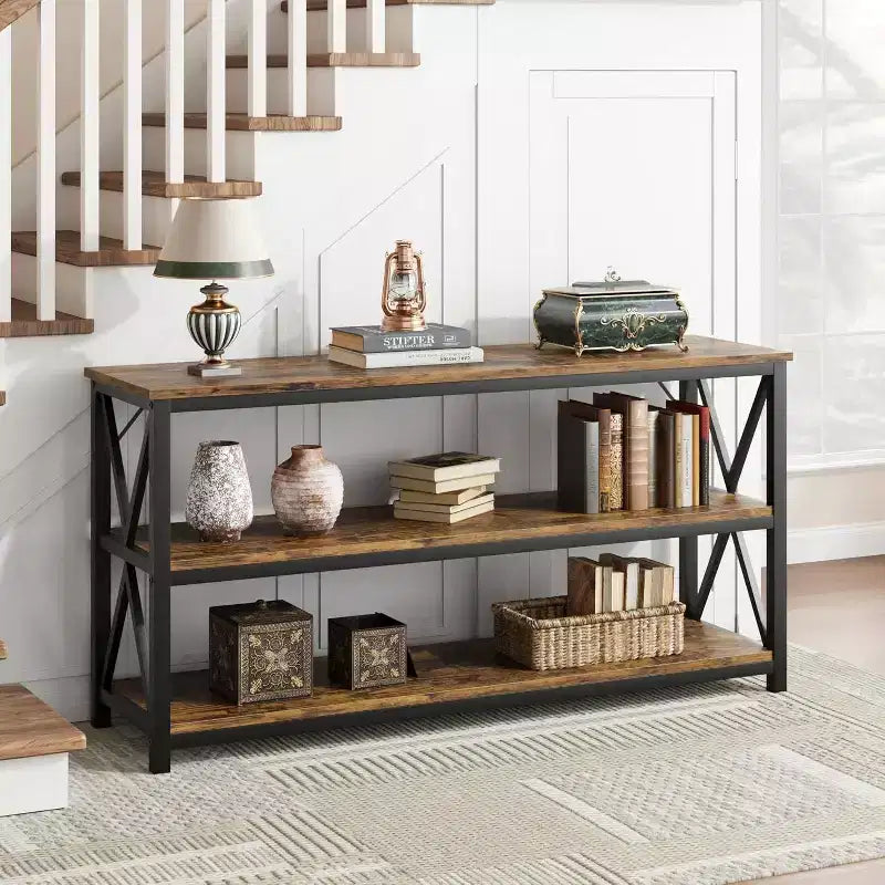 Industrial Console Table with 3 Open Shelves, 55"L, Rustic Brown, Entryway & Hallway
