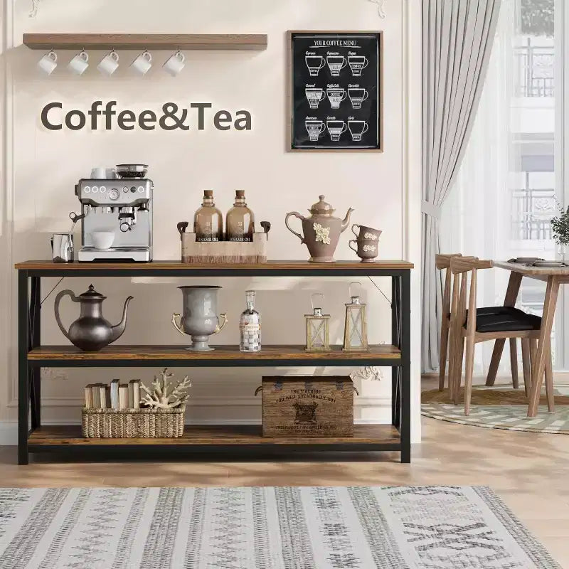 Industrial Console Table with 3 Open Shelves, 55"L, Rustic Brown, Entryway & Hallway