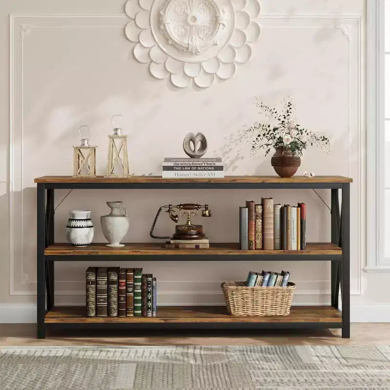 Industrial Console Table with 3 Open Shelves, 55"L, Rustic Brown, Entryway & Hallway