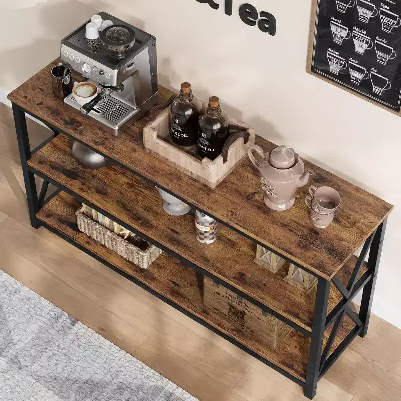 Industrial Console Table with 3 Open Shelves, 55"L, Rustic Brown, Entryway & Hallway