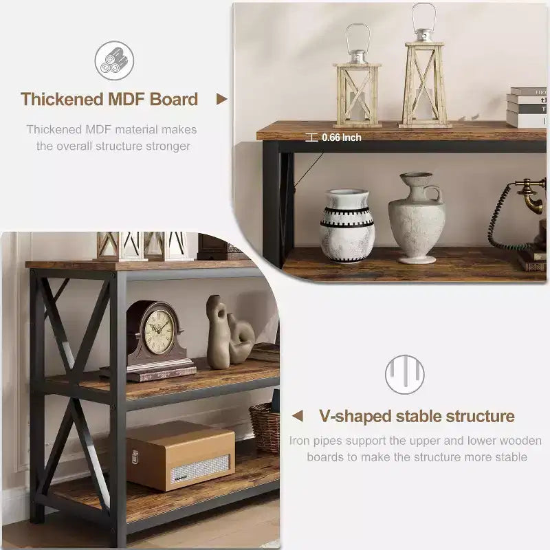 Industrial Console Table with 3 Open Shelves, 55"L, Rustic Brown, Entryway & Hallway