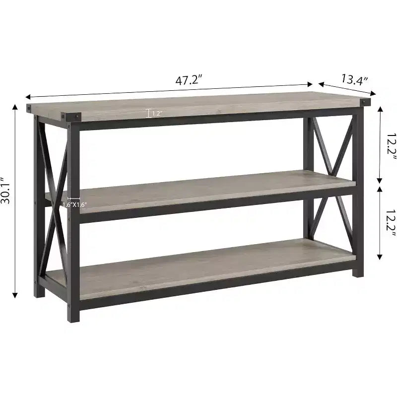 Industrial Console Table with 3 Open Shelves, 55"L, Rustic Brown, Entryway & Hallway