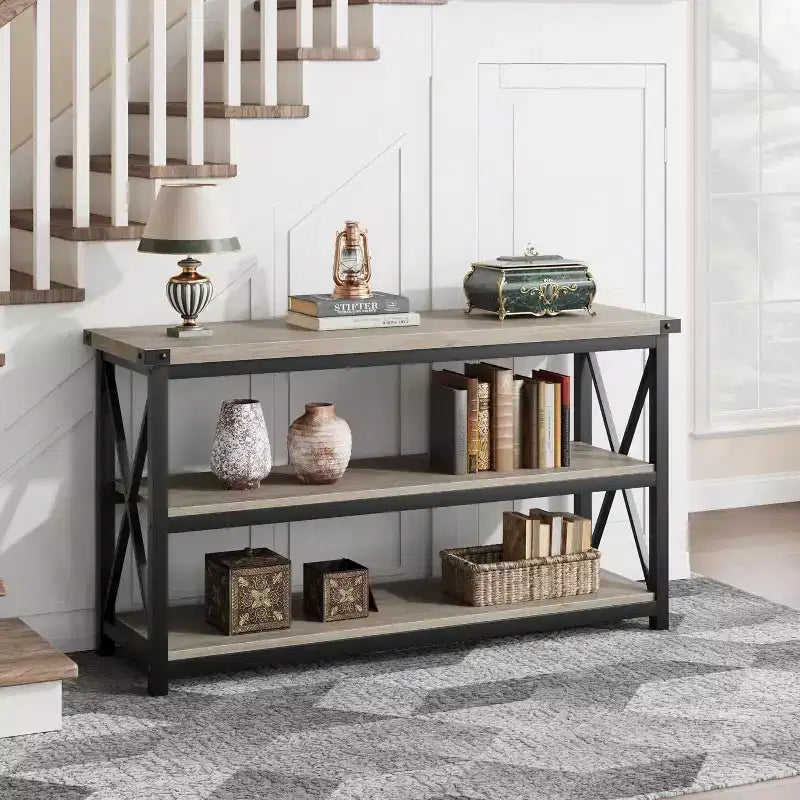 Industrial Console Table with 3 Open Shelves, 55"L, Rustic Brown, Entryway & Hallway